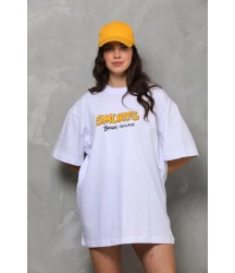 Unisex Bisiklet Yaka Baskılı Oversize T-Shirt - Beyaz