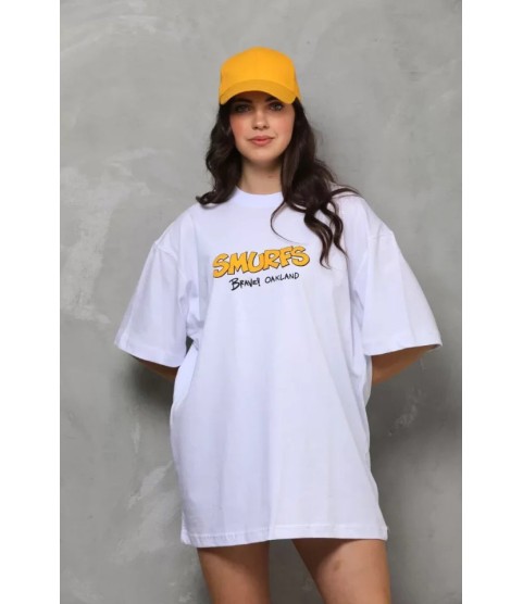 Unisex Bisiklet Yaka Baskılı Oversize T-Shirt - Beyaz