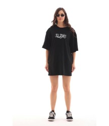 Unisex Bisiklet Yaka Baskılı Oversize T-Shirt - Siyah