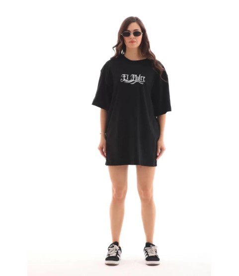 Unisex Bisiklet Yaka Baskılı Oversize T-Shirt - Siyah