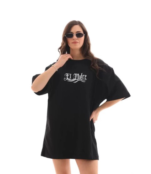 Unisex Bisiklet Yaka Baskılı Oversize T-Shirt - Siyah