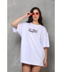Unisex Bisiklet Yaka Baskılı Oversize T-Shirt - Beyaz