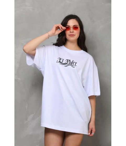 Unisex Bisiklet Yaka Baskılı Oversize T-Shirt - Beyaz
