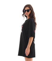 Unisex Bisiklet Yaka Baskılı Oversize T-Shirt - Siyah