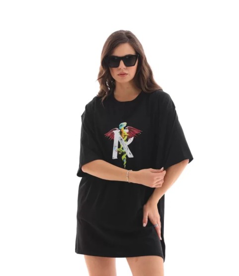 Unisex Bisiklet Yaka Baskılı Oversize T-Shirt - Siyah