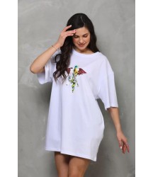 Unisex Bisiklet Yaka Baskılı Oversize T-Shirt - Beyaz