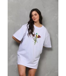 Unisex Bisiklet Yaka Baskılı Oversize T-Shirt - Beyaz