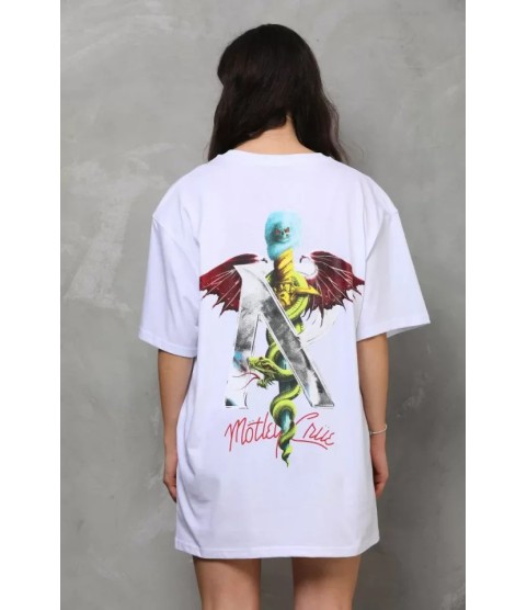 Unisex Bisiklet Yaka Baskılı Oversize T-Shirt - Beyaz