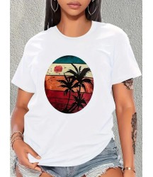 Kadın Kısa Kollu Palmiye Baskılı Viskon T-shirt