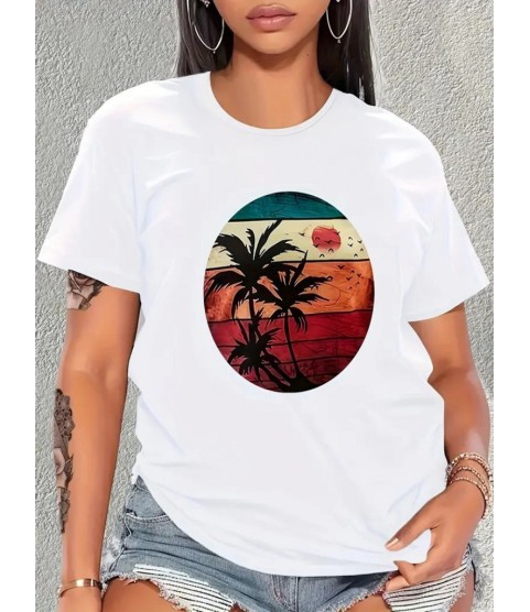Kadın Kısa Kollu Palmiye Baskılı Viskon T-shirt