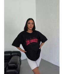 Unisex Bisiklet Yaka Baskılı Oversize T-Shirt - Siyah