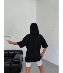 Unisex Bisiklet Yaka Baskılı Oversize T-Shirt - Siyah