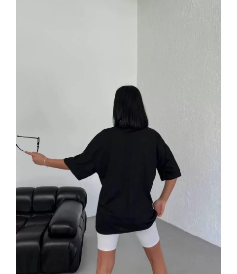 Unisex Bisiklet Yaka Baskılı Oversize T-Shirt - Siyah