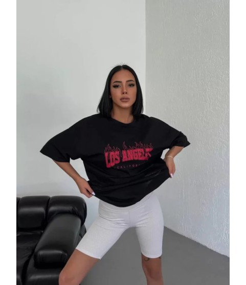 Unisex Bisiklet Yaka Baskılı Oversize T-Shirt - Siyah