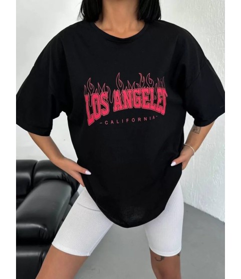 Unisex Bisiklet Yaka Baskılı Oversize T-Shirt - Siyah