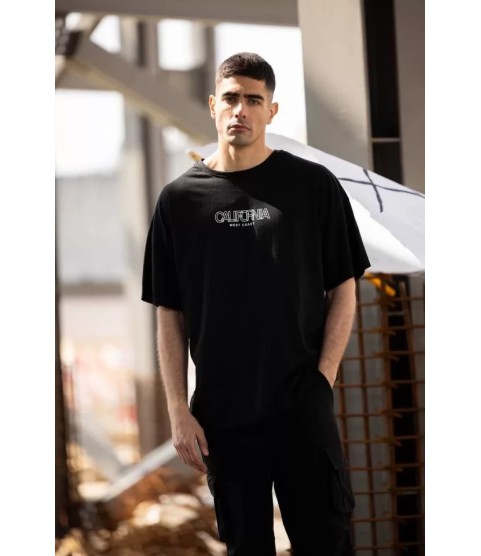 Unisex Bisiklet Yaka Baskılı Oversize T-Shirt - Siyah