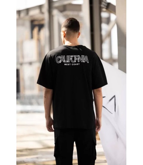 Unisex Bisiklet Yaka Baskılı Oversize T-Shirt - Siyah