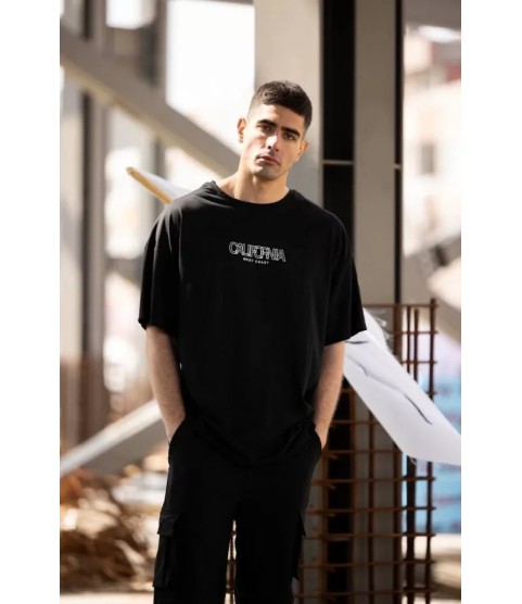 Unisex Bisiklet Yaka Baskılı Oversize T-Shirt - Siyah