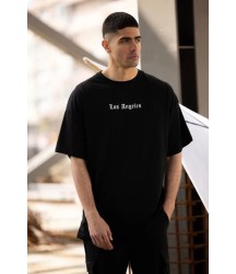 Unisex Bisiklet Yaka Baskılı Oversize T-Shirt - Siyah
