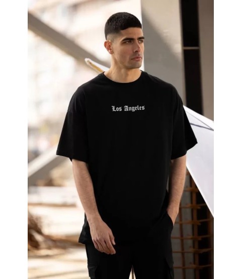 Unisex Bisiklet Yaka Baskılı Oversize T-Shirt - Siyah