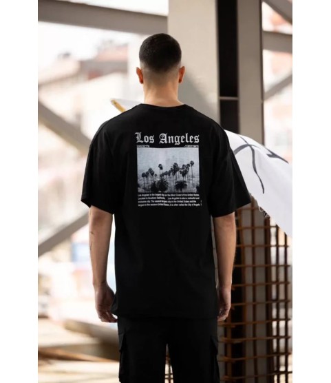 Unisex Bisiklet Yaka Baskılı Oversize T-Shirt - Siyah