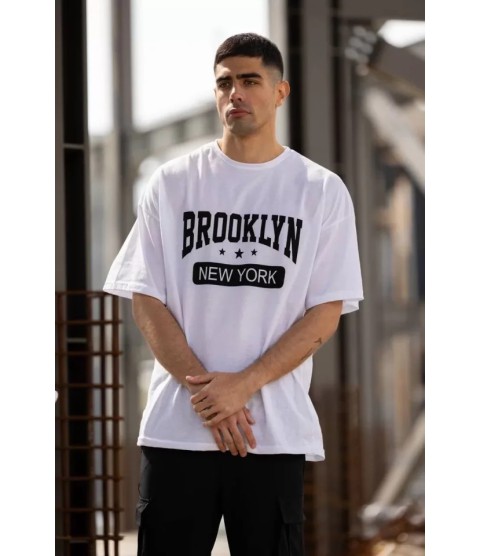 Unisex Bisiklet Yaka Baskılı Oversize T-Shirt - Beyaz