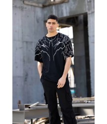 Unisex Bisiklet Yaka Baskılı Oversize T-Shirt - Siyah