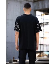Unisex Bisiklet Yaka Baskılı Oversize T-Shirt - Siyah