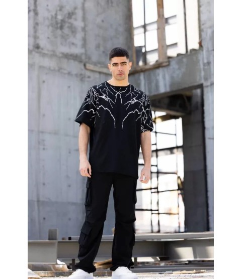 Unisex Bisiklet Yaka Baskılı Oversize T-Shirt - Siyah
