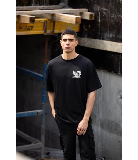 Unisex Bisiklet Yaka Baskılı Oversize T-Shirt - Siyah
