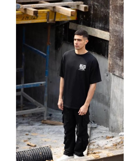 Unisex Bisiklet Yaka Baskılı Oversize T-Shirt - Siyah