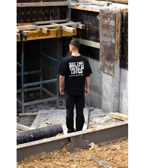 Unisex Bisiklet Yaka Baskılı Oversize T-Shirt - Siyah