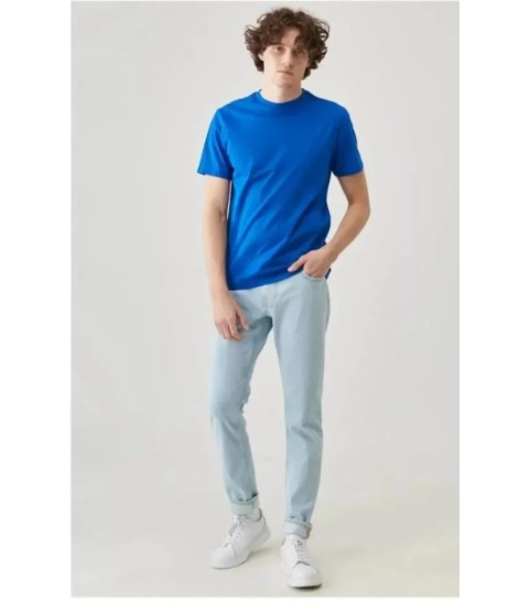 Unisex Düz Biskilet Yaka Oversize T-shirt - Mavi