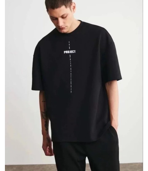 Unisex Bisiklet Yaka Baskılı Oversize T-Shirt - Siyah