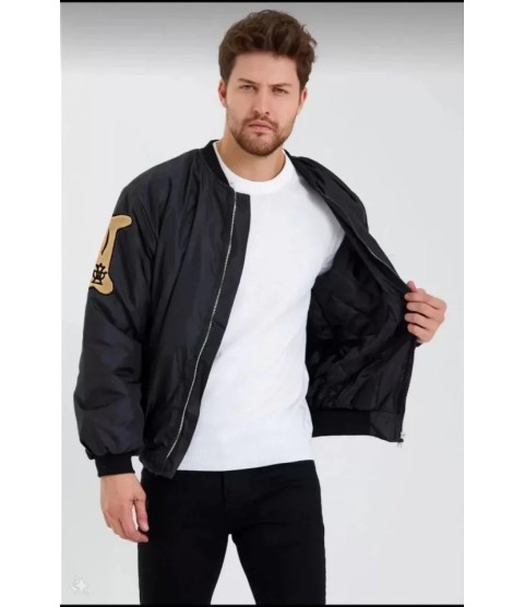 Unisex Uzun Kol Baskılı Bomber Ceket - Siyah