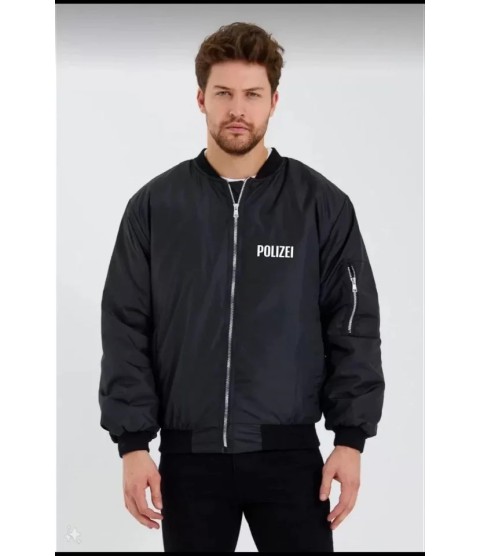 Unisex Uzun Kol Baskılı Bomber Ceket - Siyah