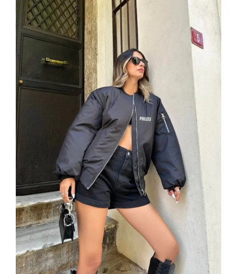 Unisex Uzun Kol Baskılı Bomber Ceket - Siyah