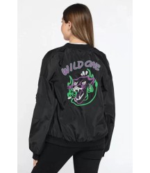 Unisex Uzun Kol Baskılı Bomber Ceket - Siyah
