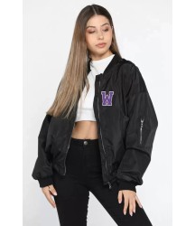 Unisex Uzun Kol Baskılı Bomber Ceket - Siyah