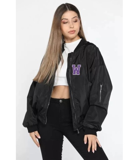 Unisex Uzun Kol Baskılı Bomber Ceket - Siyah