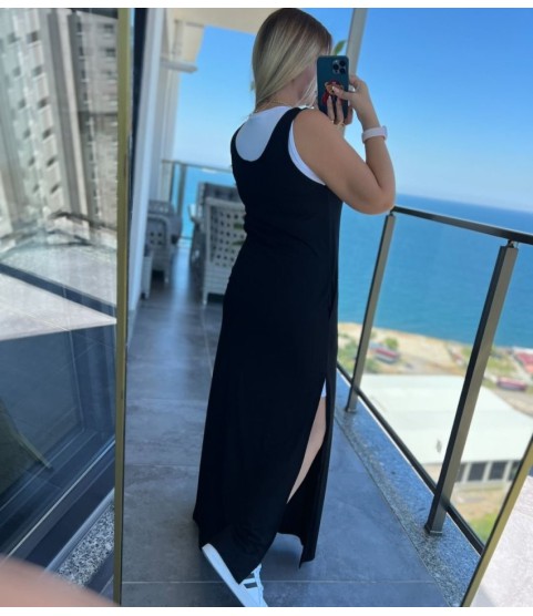 Kadın Yırtmaç Detaylı Viskon Kumaş Maxi Boy Cepli Iç Dahil Ikili Elbise