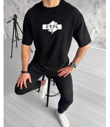 Unisex Bisiklet Yaka Baskılı Double Oversize T-Shirt - Siyah