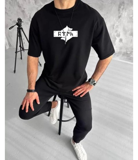 Unisex Bisiklet Yaka Baskılı Double Oversize T-Shirt - Siyah
