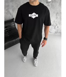 Unisex Bisiklet Yaka Baskılı Double Oversize T-Shirt - Siyah