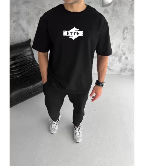 Unisex Bisiklet Yaka Baskılı Double Oversize T-Shirt - Siyah