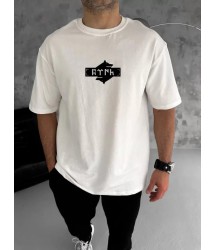 Unisex Bisiklet Yaka Baskılı Double Oversize T-Shirt - Beyaz