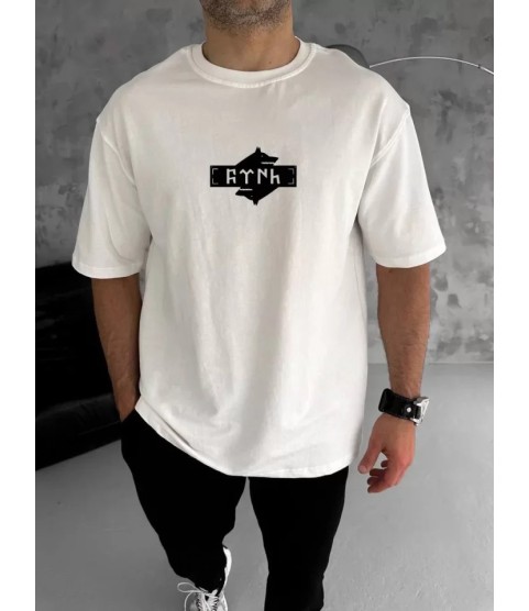 Unisex Bisiklet Yaka Baskılı Double Oversize T-Shirt - Beyaz