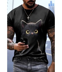 Erkek Bisiklet Yaka Kedi Baskılı Süprem T-shirt
