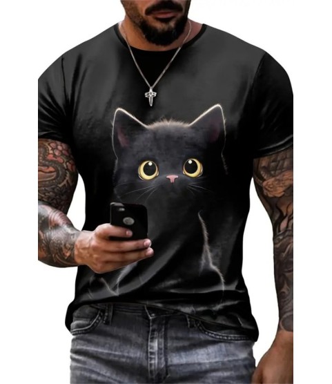 Erkek Bisiklet Yaka Kedi Baskılı Süprem T-shirt