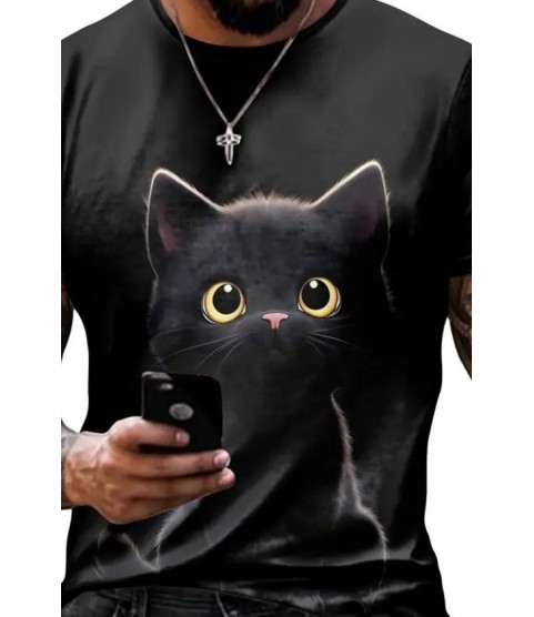 Erkek Bisiklet Yaka Kedi Baskılı Süprem T-shirt